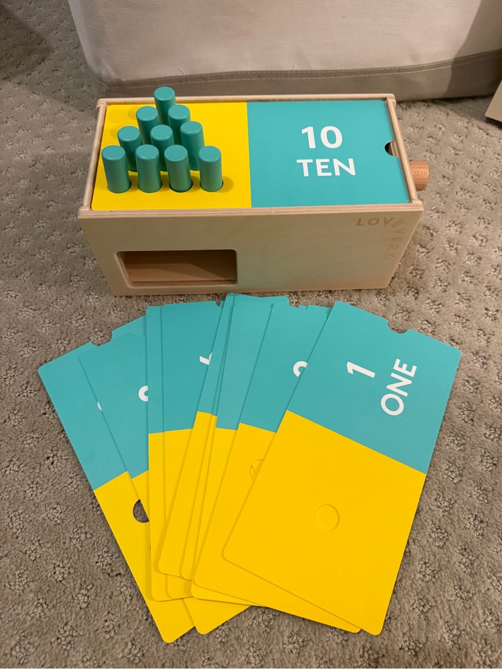 Wooden Number Counting Box with Turquoise and Yellow Cards - Early Learning Toy